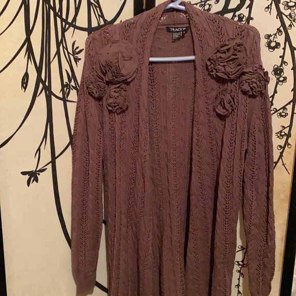 Tracy M Women’s Ruffled Roses Open Front Cardigan Sweater Chocolate Brown - Picture 2 of 16